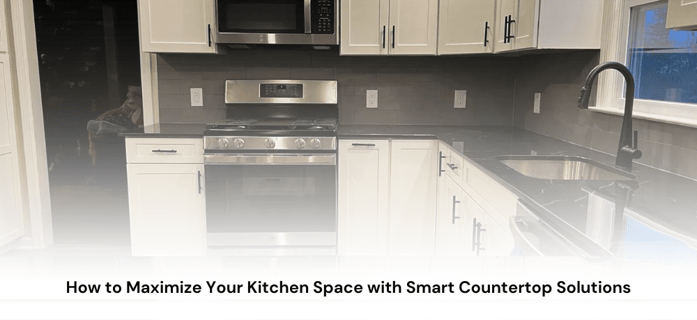 Modern kitchen with black countertops and appliances.