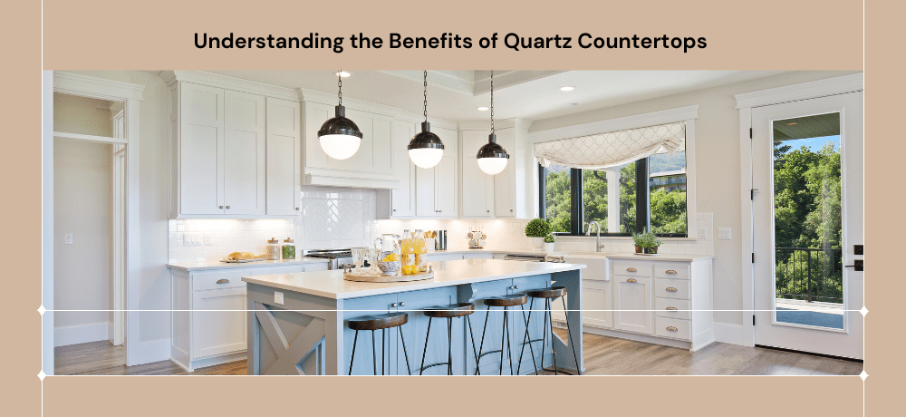 Modern kitchen with quartz countertops and island.