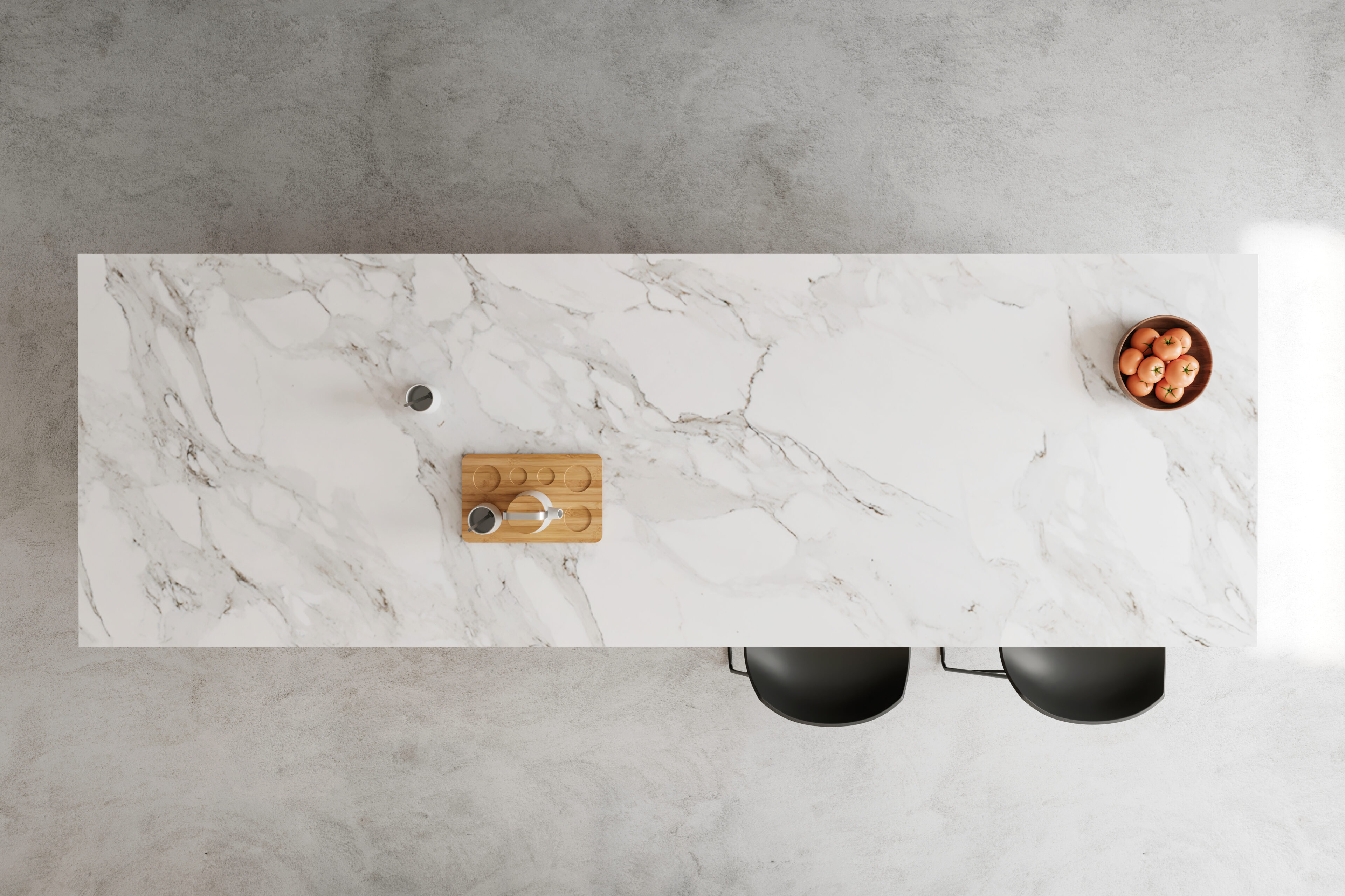 Minimalist marble table with a small wooden box and two black stools.