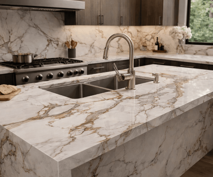 Luxurious marble kitchen countertop with elegant veining and integrated sink.